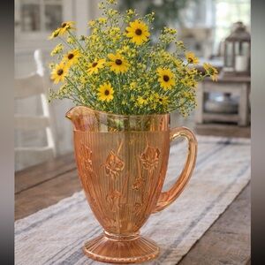 Vintage Marigold Carnival Glass Pitcher. 1930s Iris Herringbone 9” EUC